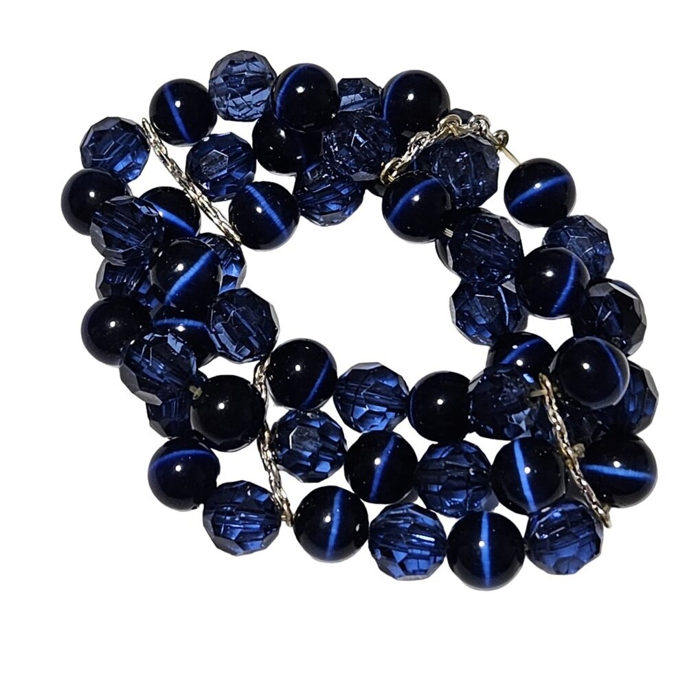 Vintage Blue Faceted Beaded Bracelet Stretch Fit Smooth Marble Beads Jewelry